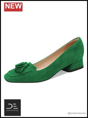Faux Leather Square Toe Tassel Loafer Heels Slip On Dress Shoes Block Low Heel
